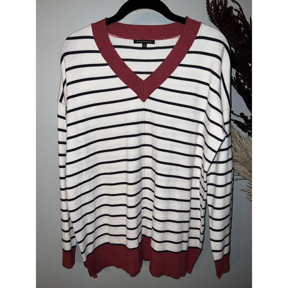 Staccato size L navy & white striped v-neck knit pullover sweater clay red trim - Picture 1 of 6